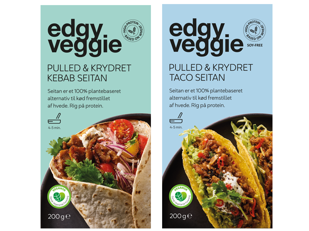 Edgy Veggie Pulled & krydret Kebab seitan og Edgy Veggie pulled & krydret seitan Taco seitan emballager